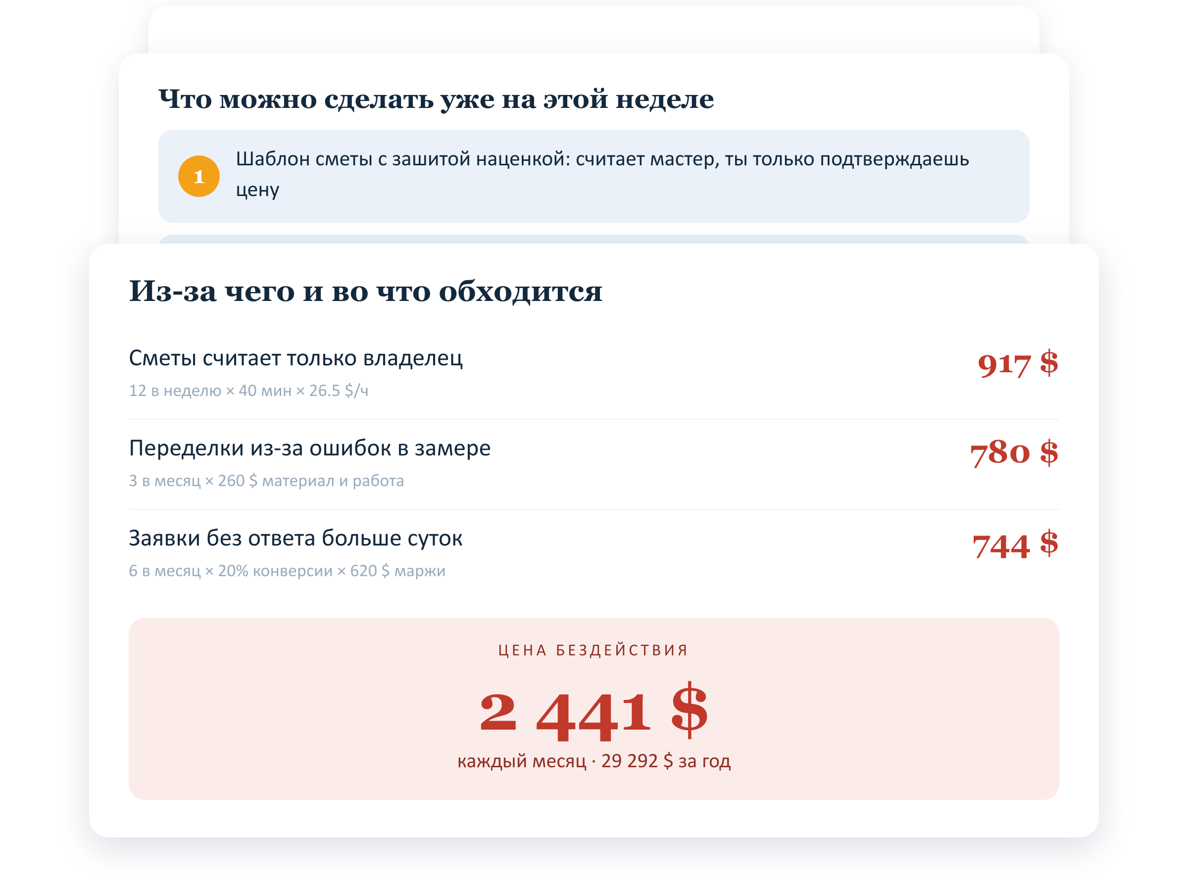 Образец итогов разбора: часы в текучке и стоимость потерь в месяц